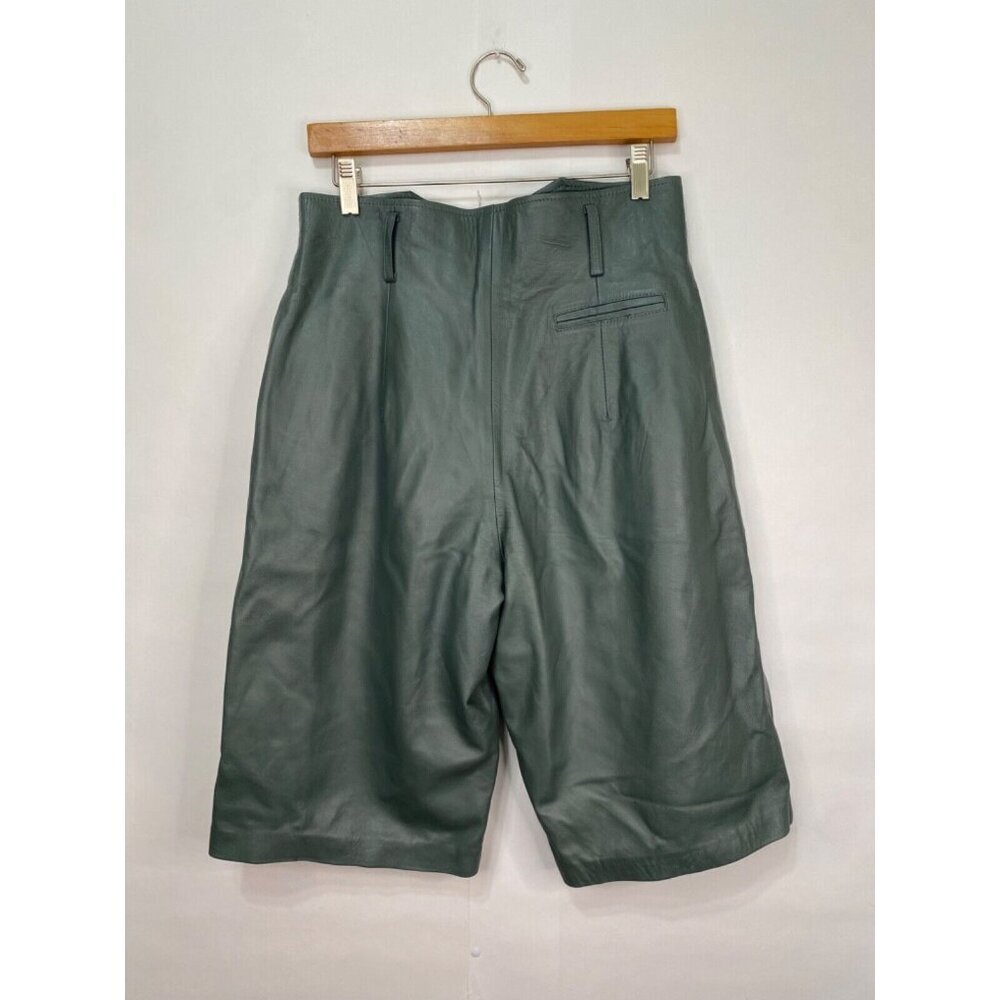 Situationist 44 Dark Green Grey Leather Shorts Western Style Pleats Long - Picture 5 of 13